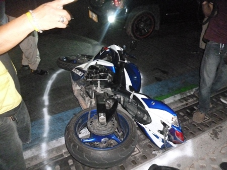 A woman was killed when the driver of this motorcycle lost control and crashed. She was not wearing a helmet.